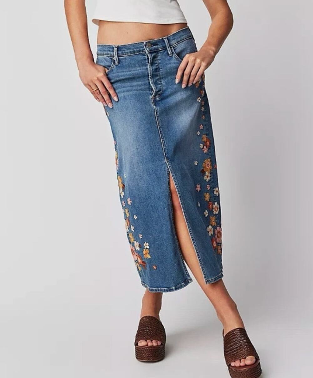 Driftwood Piper Embroidered Floral Midi Denim Skirt with Front Slit Blue 26